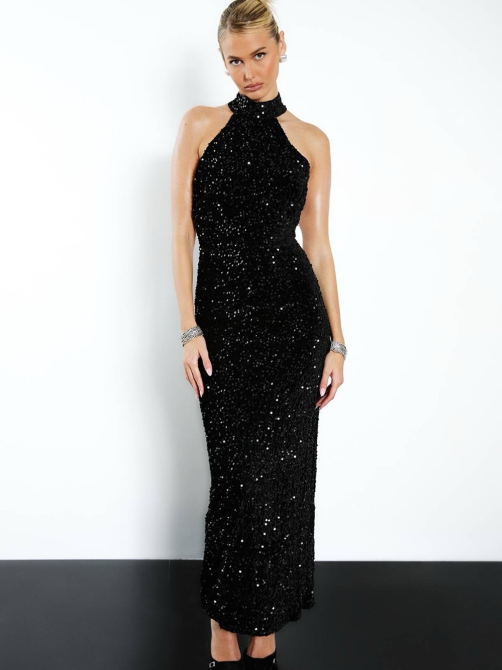 PrettyLittleThing Black Sequin Halter Neck Maxi Dress